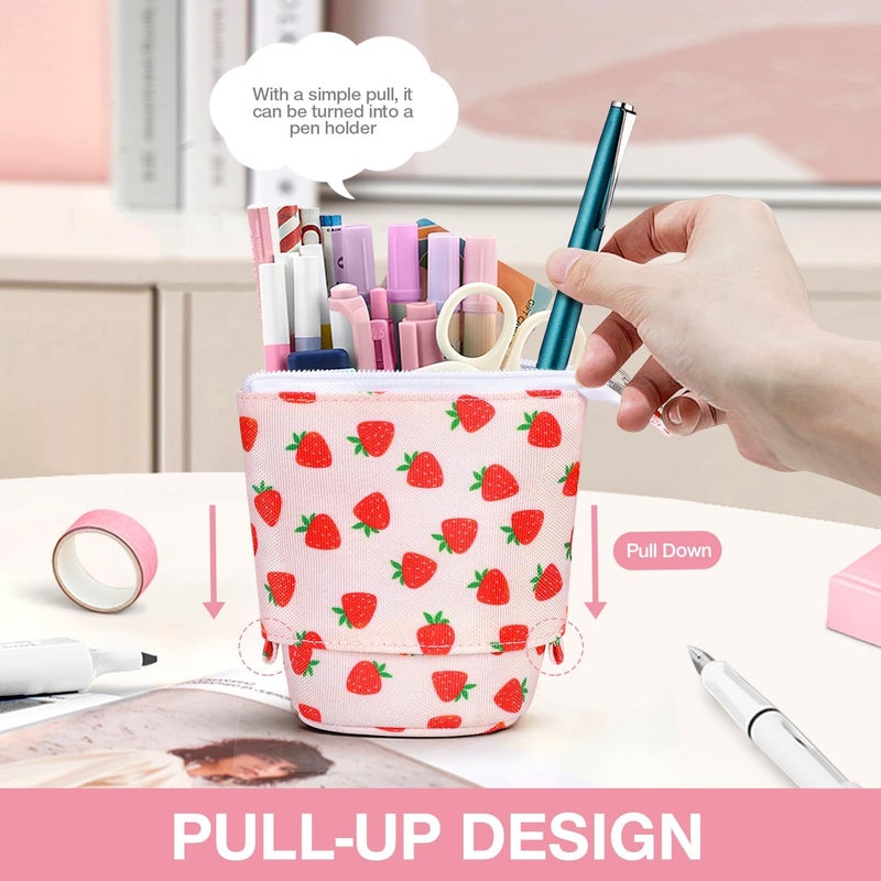 KPX Cute Standing Pencil Case Pen Holder for Kids, Pop Up Stand UP Bubble Tea Pen Organizer Kawaii Stationary for Christmas Holiday New Year Office (Strawberry) - Image 4